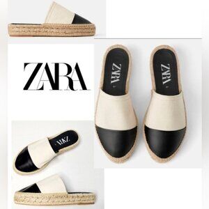 Zara Espadrilles Tan Black Canvas Slip On Cap Toe Shoes Size 41(9.5 US)
